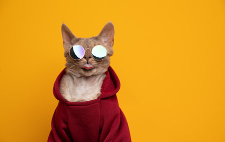 cool cat portrait. fawn lilac devon rex cat wearing red hoodie and round sunglasses looking at camera sticking out tongueの写真素材
