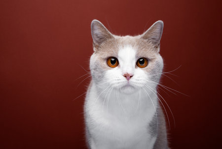 white lilac british shorthair cat portrait on red background with copy spaceの写真素材