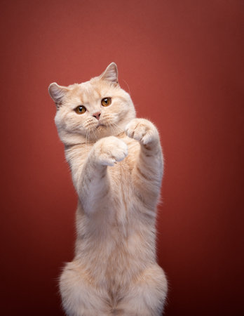 playing british shorthair cat rearing up with both pawsの写真素材