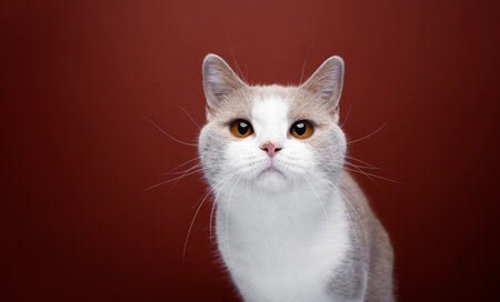 curious white lilac british shorthair cat portrait on red background with copy spaceの写真素材