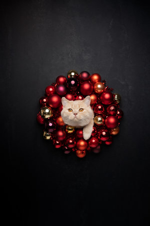 funny christmas cat portrait with red bauble wreath and tinsel decorationの写真素材