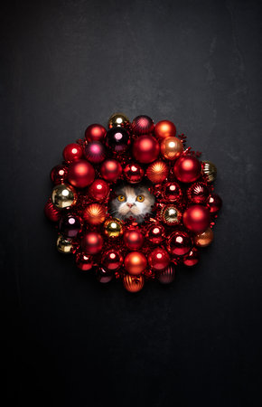 curious cat with red christmas bauble wreath portrait on black background with copy spaceの写真素材