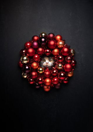 angry or annoyed cat christmas bauble wreath portrait with copy spaceの写真素材