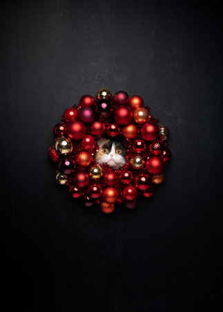 funny christmas cat portrait with shiny red bauble wreath and tinselの写真素材