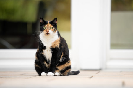 overweight calico tricolor cat sitting on patio outdoors observingの写真素材