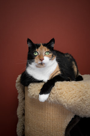 lazy cat resting on comfortable place in a relaxed pose on top of sisal scratching barrel looking at camera on red backgroundの写真素材