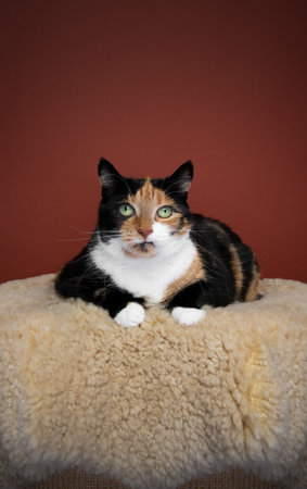 chunky calico cat lying on front resting on comfortable fur blanket, looking at camera on red background with copy spaceの写真素材