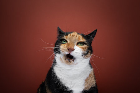 angry calico cat with mouth open meowing looking at camera on red background with copy space. Overweight hungry cat wants food.の写真素材