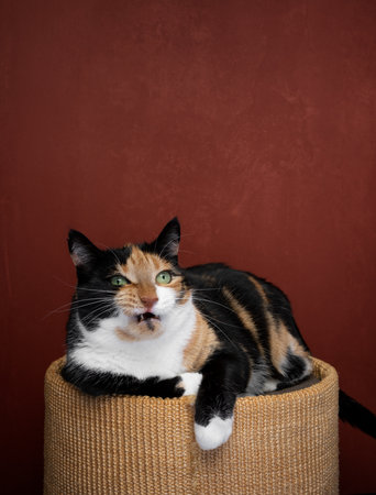 grumpy calico cat resting on scratching barrel making angry face on red background with copy spaceの写真素材