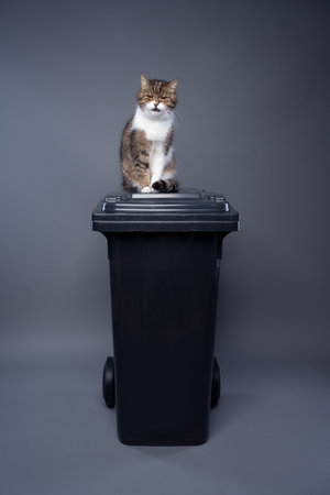 cat sitting on top of garbage containter with residual waste making angry face. concept image for environmental pollution through cat litterの写真素材
