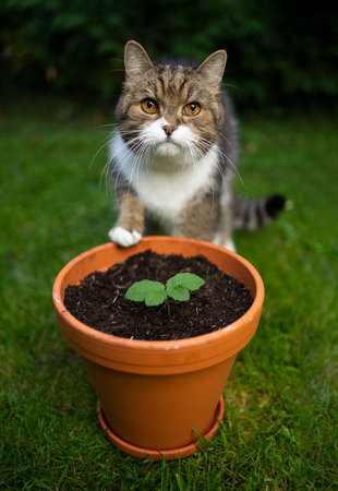 cat and plant pot with small growing plant. Concept for sustainability and eco friendly cat keepingの写真素材