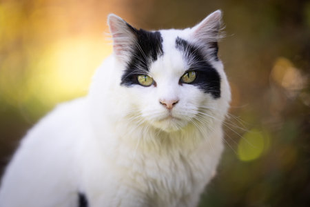 close up portrait of white and black cat looking at camera outdoors in natureの写真素材