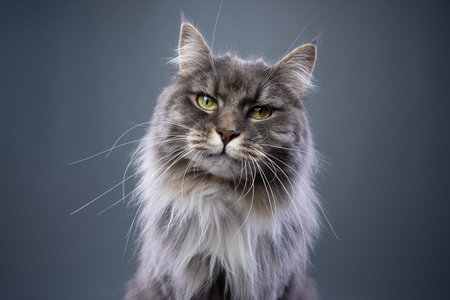 fluffy blue tabby longhair cat looking at camera on gray backgroundの写真素材