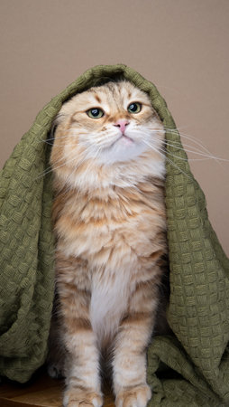 curious siberian cat covered with green blanket, studio shotの写真素材