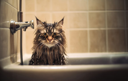maine coon longhair cat sitting inside of bathtub with soaking wet fur looking at camera. concept for cleaning and hygiene.の写真素材