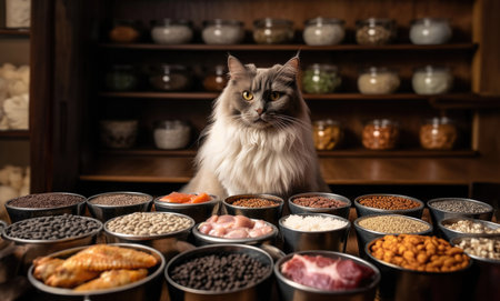 cat sitting behind food bowls with different cat food ingredients. concept for healthy cat nutrition, regional and organicの写真素材