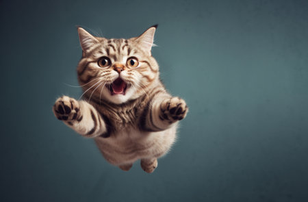 funny cat flying. Generative AI photo of a playful tabby cat jumping mid-air looking at camera. background with copy spaceの写真素材