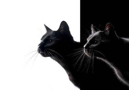 Side view of two black cats on black and white backgroundの写真素材