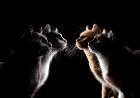 Side profile of 4 different colored cats, group photo on black background, facing each otherの写真素材