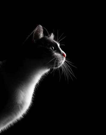 side profile of a curious tuxedo cat on black background with copy spaceの写真素材