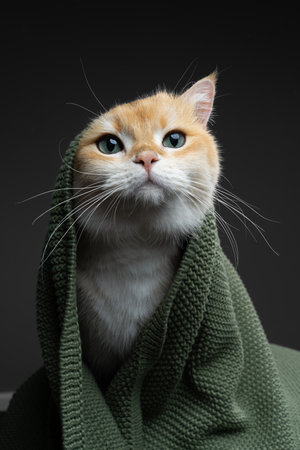 Cute fluffy golden shaded british shorthair cat covered with green knitted blanket, looking curiouslyの写真素材