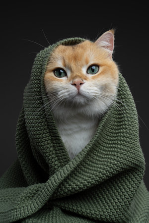 Cute fluffy golden shaded cat covered with green knitted blanket, looking at cameraの写真素材