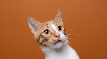 orange white cat makes a shocked or surprised facial expression, studio shot on orange backgroundの写真素材