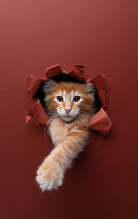 ginger maine coon kitten peeking out of hole in torn paper background with red color looking at cameraの写真素材