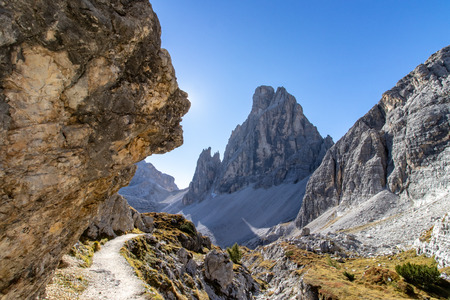Mountain View with hiking trail in the Tre Cime Nationalpark, Italyの写真素材