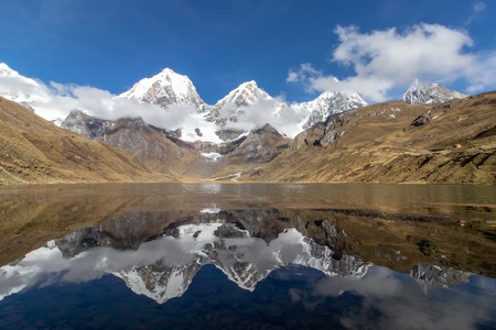Panoramic view from the western end of Lagua Carhuacocha to Mount Yerupaj?, Andes Mountains, Peruの写真素材