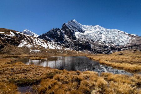 Mountains with a lagoon as seen from the Ausangate Trek in the Cordillera Vilcanota, Andes Mountains, Peruの写真素材