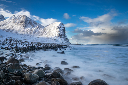 Unstad Beach at the Lofoten Islands in Norway in winterの写真素材