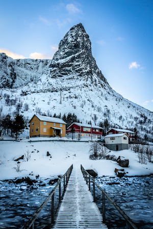 Wooden bridge in Reine on the Lofoten Islands in Norway in winterの写真素材