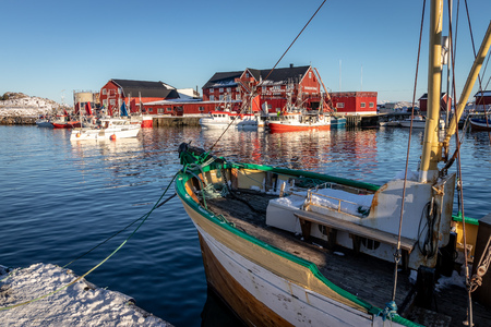 Harbor with boats at Henningsvaer Village on the Lofoten Islands in Norway in winterのeditorial素材