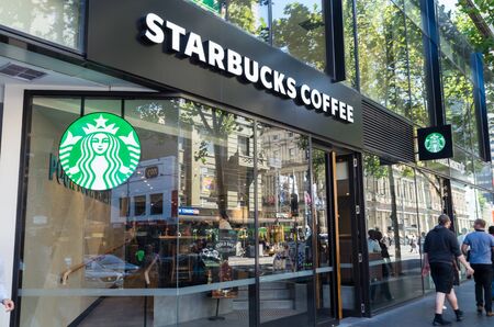 Melbourne, Australia - February 23, 2017: Starbucks Coffee is an American multinational coffee shop chain. This store is in central Melbourne.のeditorial素材