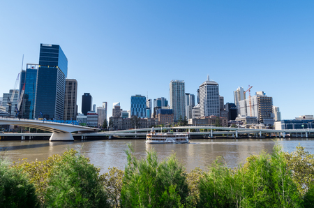 Brisbane, Australia - July 9, 2017: Brisbane skyline, Brisbane River, the Victoria Bridge and the Riverside Expressway seen from the South Bank.のeditorial素材