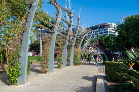 Brisbane, Australia - July 9, 2017: The Arbour is a pedestrian walkway running the length of the Brisbane South Bank parklands. The structure is covered in bougainvillea.のeditorial素材