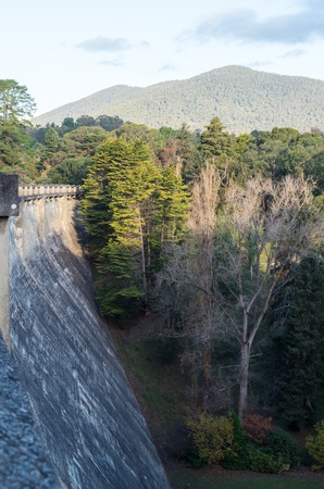 Dam wall of the Maroondah Reservoir outside Healesville in the Yarra Valley in Australia.
