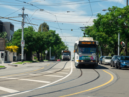 Melbourne, Australia - February 10, 2017: a Melbourne tram travelling along Riversdale Road at the Swan Street and Power Street intersection in Hawthorn.のeditorial素材