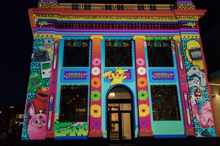 Geelong, Australia - October 13, 2018: The Secret Life of Buildings light projection on the Dalgety and Co building on Malop Street. The projection show style and entertainment icons.のeditorial素材