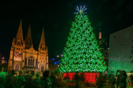 Melbourne, Australia - December 22, 2017: illuminated Christmas tree in Federation Square, a large...