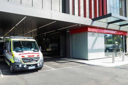 Bendigo, Australia - October 28, 2018: Ambulance Victoria Mercedes Sprinter vans outside the emergency department at the Bendigo Hospital.のeditorial素材