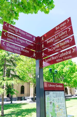 Bendigo, Australia - October 28, 2018: directional signpost in the Library Gardens, showing directions to major attractions.のeditorial素材