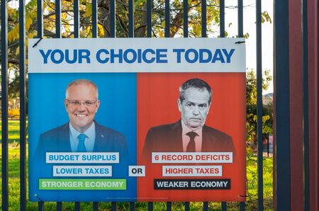Melbourne, Australia - May 18, 2019: Liberal Party posters at the polling place at Mallauna College in Mitcham in the eastern suburban electorate of Deakin.のeditorial素材