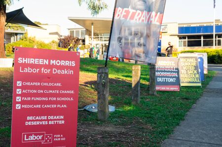 Melbourne, Australia - May 18, 2019: Australian Labor Party posters outside Mallauna College in the...