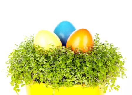 Three different coloured eastrn eggs in a yellow cupの写真素材