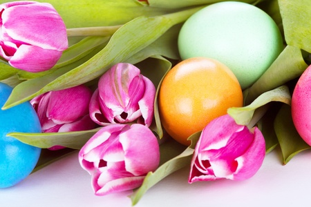tulip wit eastern eggs a rabbit and letters in different coloursの写真素材