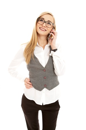 young business woman with mobile phone isolated on white backgroundの写真素材