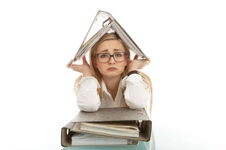 business woman with folder on desk workin isolated on white background
