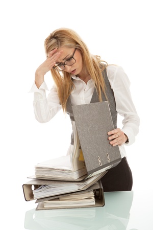 business woman with folder on desk workin isolated on white backgroundの写真素材